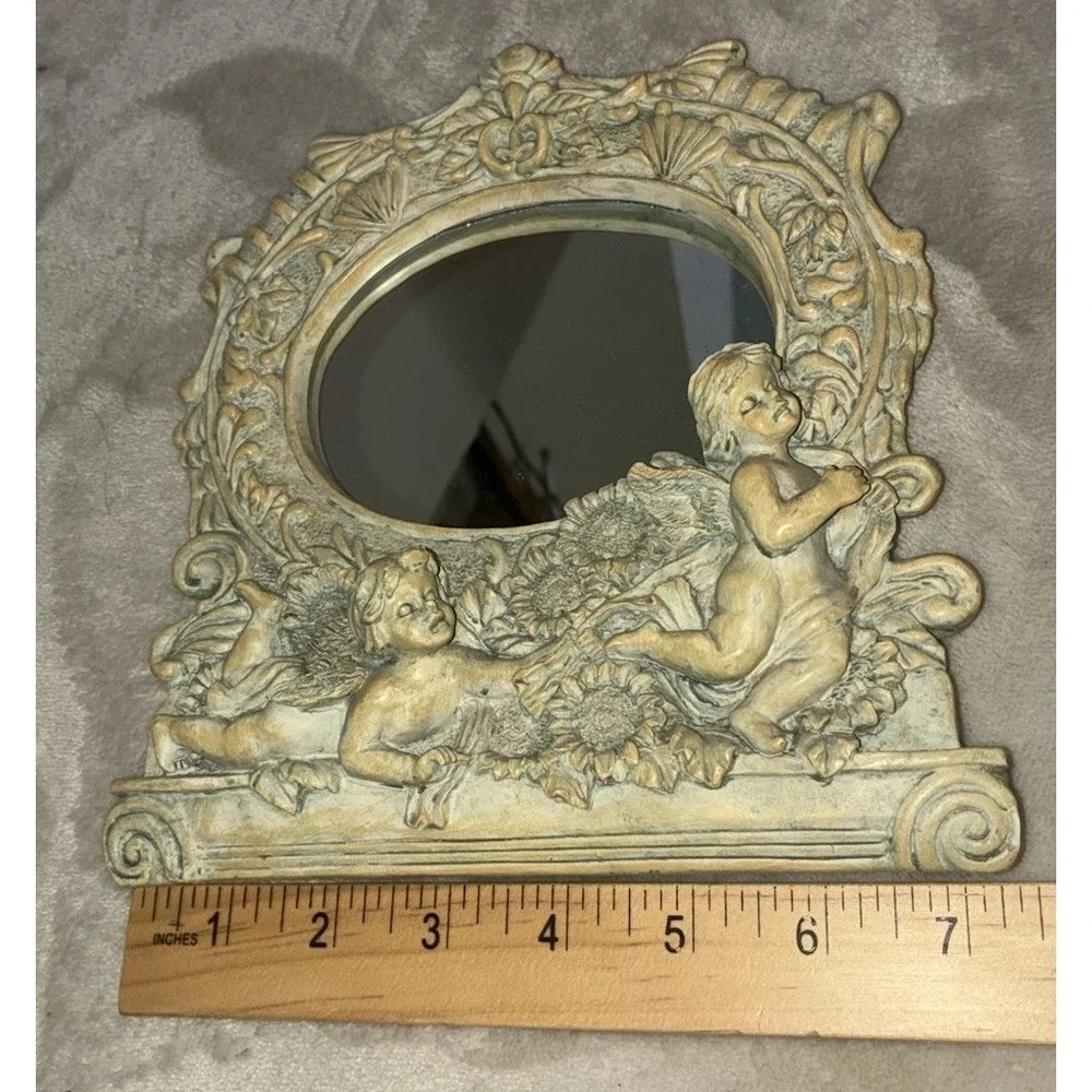 Vintage Cherubs‎ Table Mirror Picture Frame Resin 7.5x7.5